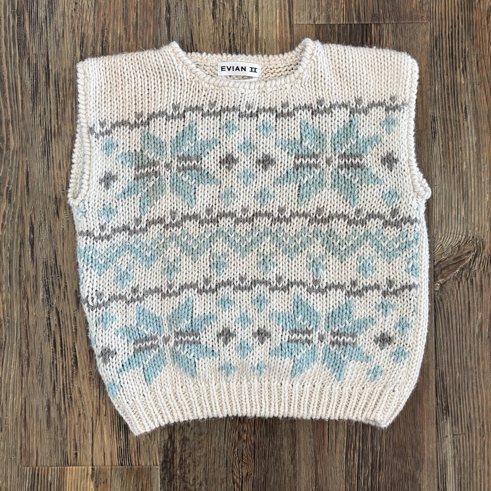 Vtg Evian II Hand Loomed Knit Sleeveless Sweater Vest L White Multi Snowflakes